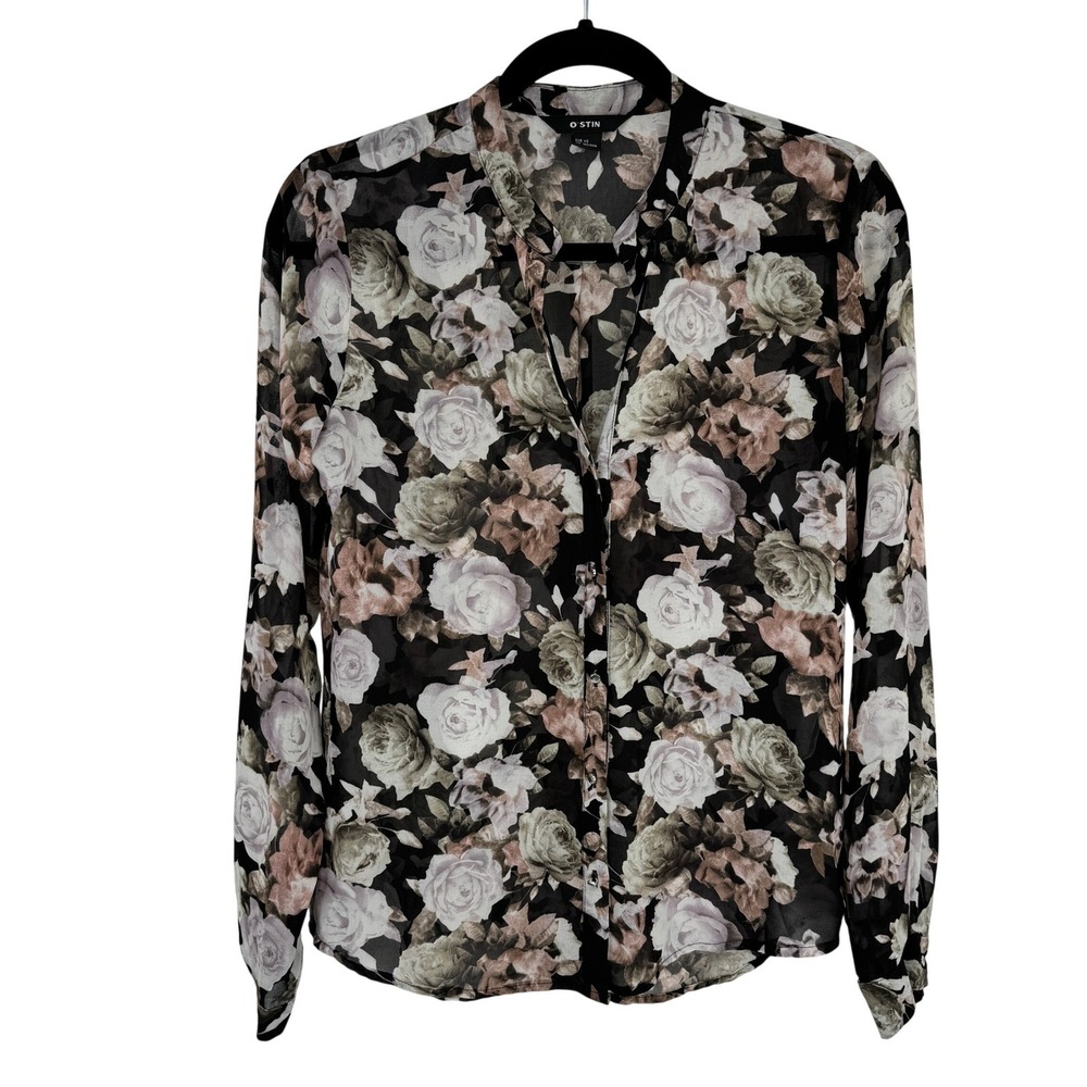Vintage Y2K O'STIN Floral Sheer Button Front Top Womens XS Black Grunge Romantic